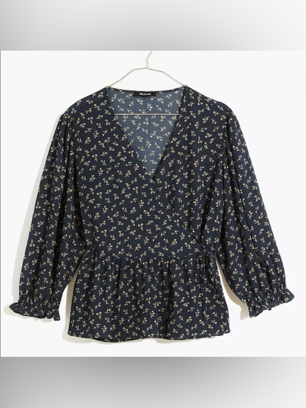 Madewell Navy Floral puff sleeve peplum Wrap top